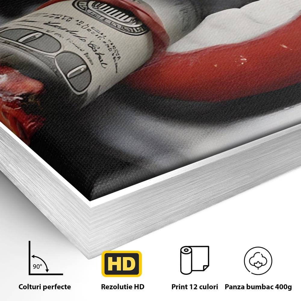 Detaliu al suprafetei: tablou canvas cu buze rosii si bancnota, in rama de aluminiu argintiu